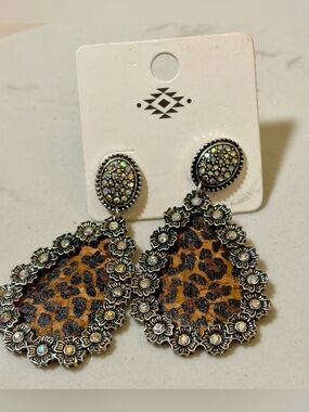 Leopard Print Teardrop Statement Earrings with Rhinestone Floral Trim